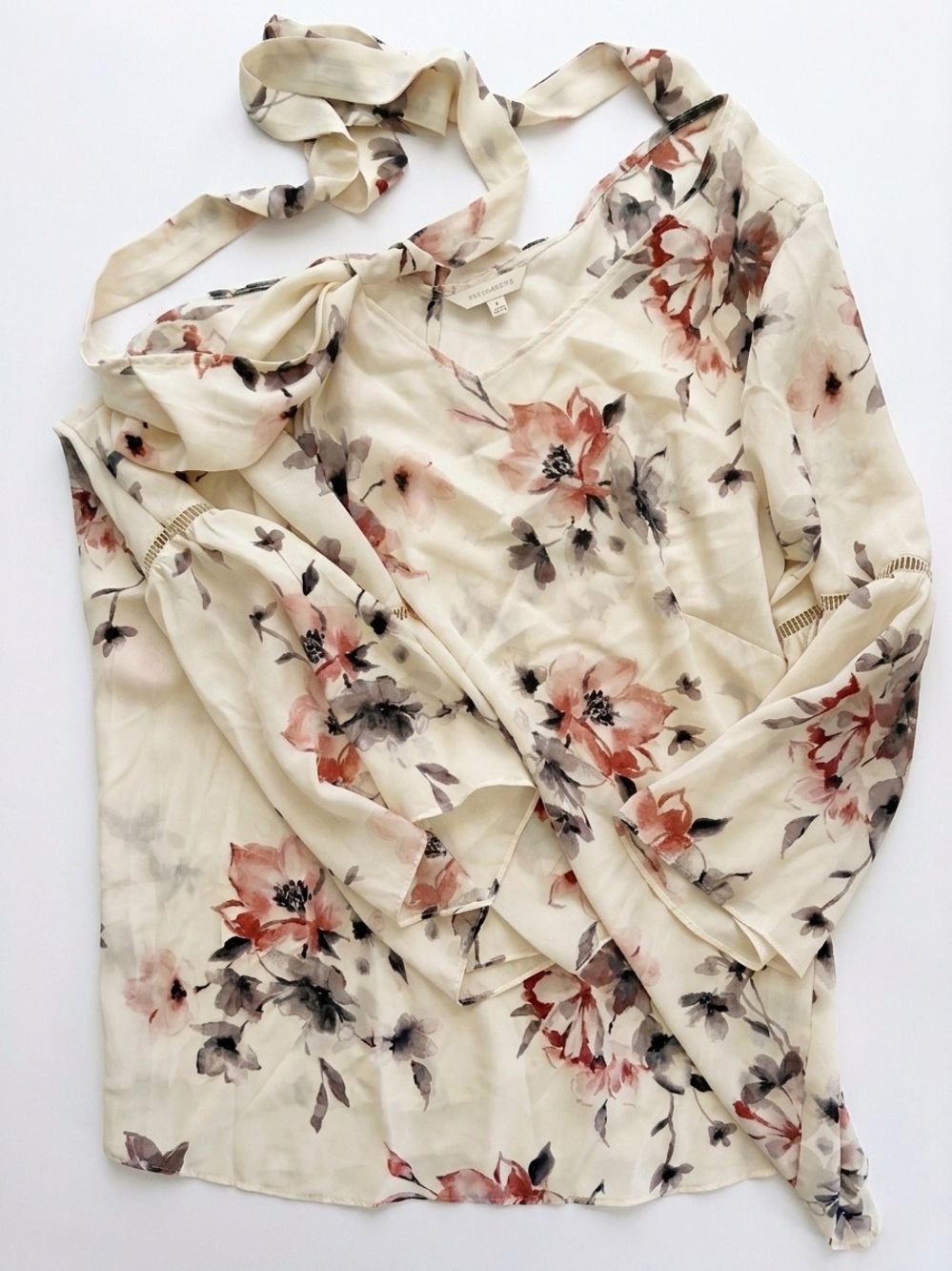 Rose & Olive Cream Floral V-Neck Blouse with Pink and Gray Blooms